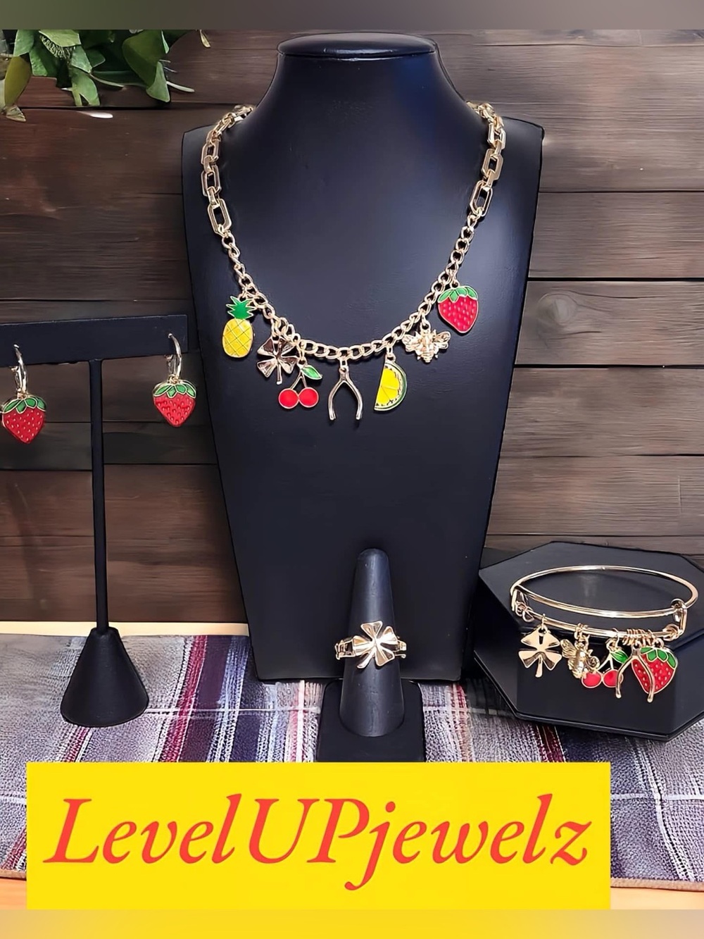 Gold Fruit Charm Necklace - Red & Yellow Enamel